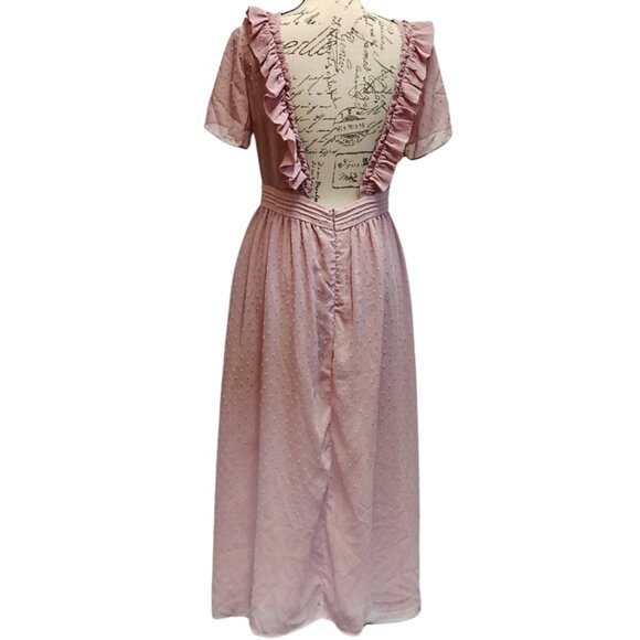 Pink Maxi Dress Medium Ruffle Backless Prairie Bridesmaid Vintage Style 70s 80s - Picture 2 of 9